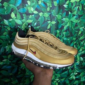 Gold and White Sneakers with Red Detail